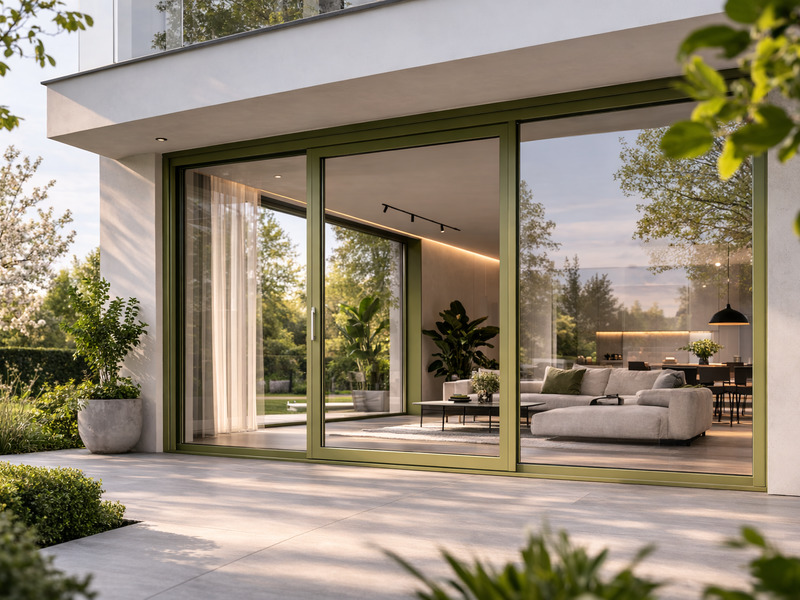 Оливкові алюмінієві розсувні вікна в сучасному інтер’єрі приватного будинку